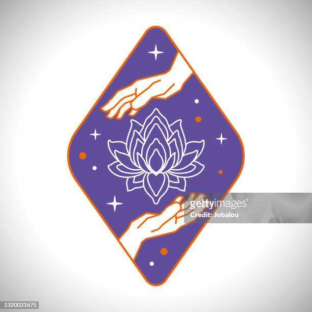 two hands blooming lotus and stars on violet background emblem - spirituality stock illustrations