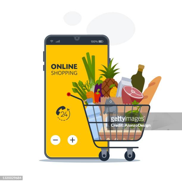 illustrazioni stock, clip art, cartoni animati e icone di tendenza di app per smartphone e consegna di generi alimentari a casa. - vendita al dettaglio