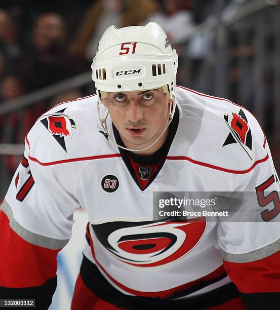 Tomas Kaberle of the Carolina Hurricanes skates against the New Jersey Devils at the Prudential Center on November 8, 2011 in Newark, New Jersey. The...