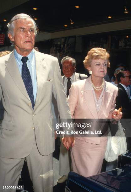 Peter Shaw and Angela Lansbury attend Geraldine Page Memorial Service at the Neil Simon Theater in New York City on June 17, 1987.