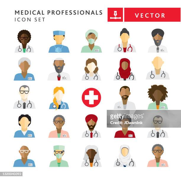 ilustrações de stock, clip art, desenhos animados e ícones de flat design diverse medical professionals themed icon set on white background - hijab