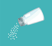 White salt is poured from the salt shaker. Vector illustration of condiment in cartoon flat style.