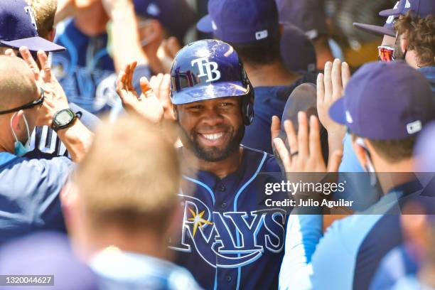 Manuel Margot of the Tampa Bay Rays celebrates after scoring in the first inning against the Toronto Blue Jays at TD Ballpark on May 24, 2021 in...