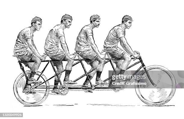 four men riding one bicycle 1894 - quadruplets stock illustrations