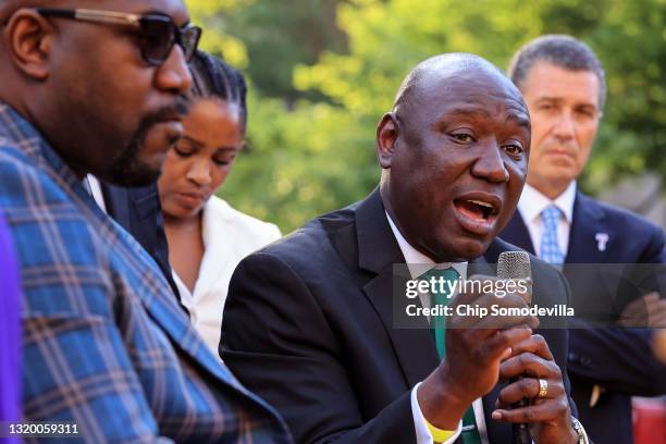 Floyd family attorney Ben Crump participates in an interview with Roland Martin, at Black Lives Matter Plaza on the one-year anniversary of George...