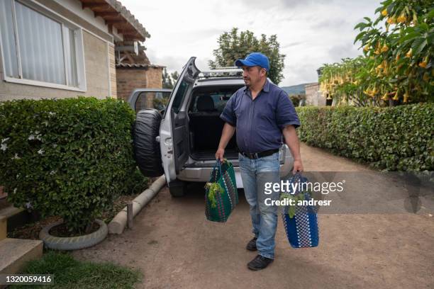 latinamerikansk man anländer hem med påsar med matvaror - latin american and hispanic shopping bags bildbanksfoton och bilder