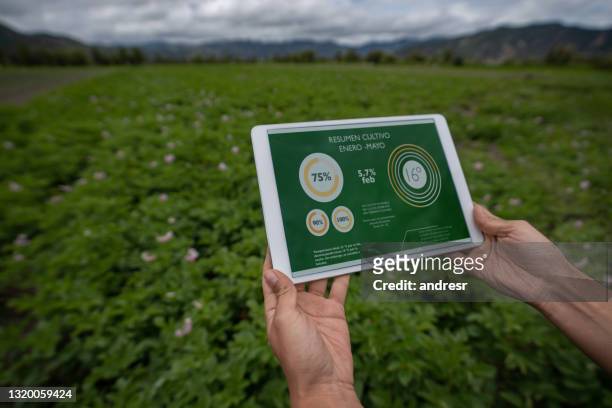 close-up on a farmer using an app to track the productivity of his harvest - potato harvest imagens e fotografias de stock