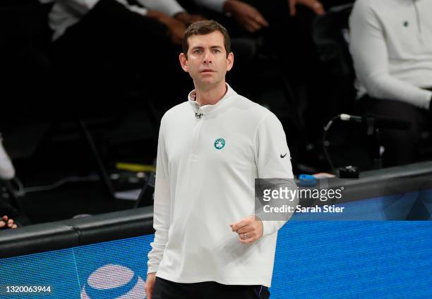 Head coach Brad Stevens of the Boston Celtics looks on during the first half of Game Two of their Eastern Conference first-round playoff series...