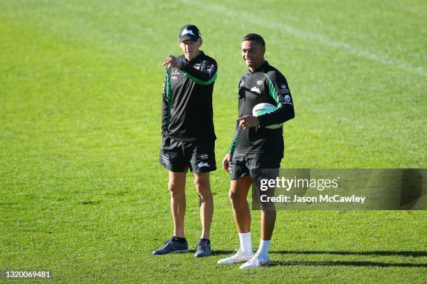 Wayne Bennett head coach of the Rabbitohs and John Sutton look on during a South Sydney Rabbitohs NRL training session at Redfern Oval on May 26,...
