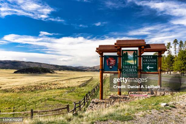 valles caldera national preserve entrance sign - caldera stock pictures, royalty-free photos & images