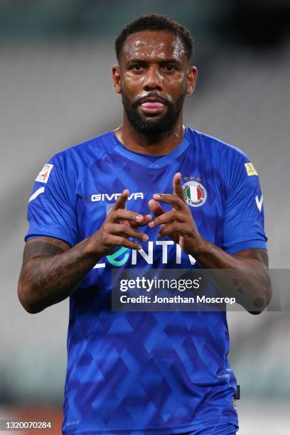 Former Brazilian International player Douglas Maicon reacts during the 30th 'Partita Del Cuore' charity friendly match between Nazionale Cantanti and...