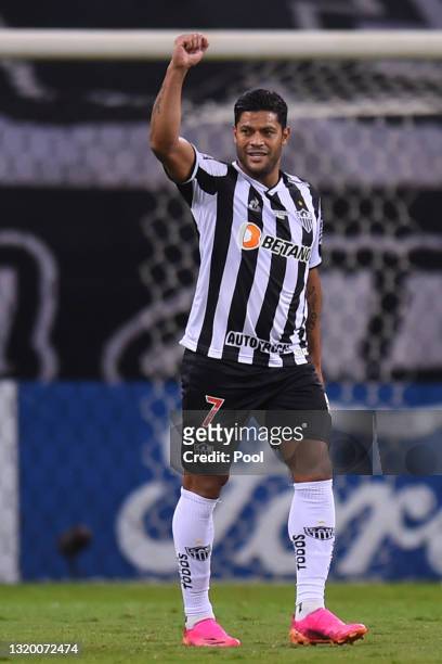 Hulk of Atletico Mineiro celebrates after scoring the third goal of his team during a group H match of Copa CONMEBOL Libertadores 2021 between...