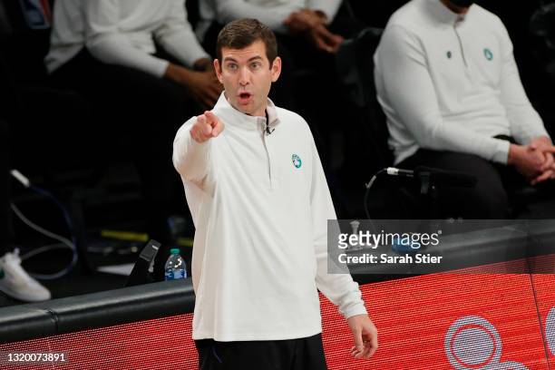 Head coach Brad Stevens of the Boston Celtics directs his team during the second half of Game Two of their Eastern Conference first-round playoff...