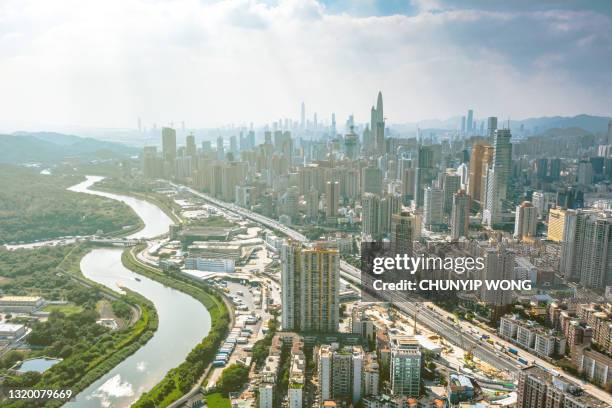 landscape town background. beautiful cityscape and skyline with river and skyscrapers. shenzhen, china. - river asia cityscape business day imagens e fotografias de stock