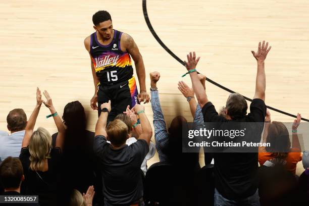 Cameron Payne of the Phoenix Suns reacts to a three-point shot against the Los Angeles Lakers during the second half of Game Two of the Western...