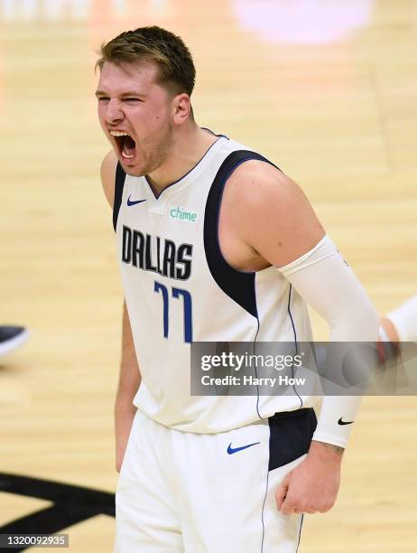 Luka Doncic of the Dallas Mavericks reacts to a three pointer against the LA Clippers in a 127-121 Dallas Mavericks win in game two of the Western...