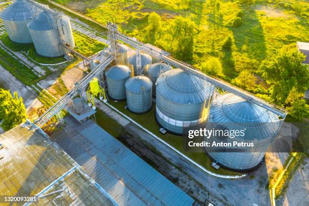 aerial top view of grain elevator - corncob towers stock pictures, royalty-free photos & images