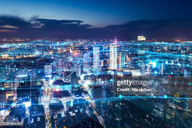 smart connected city skyline. futuristic network concept, city technology - china firewall stock pictures, royalty-free photos & images