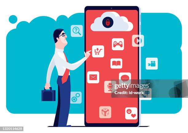 businessman using smartphone with safe cloud computing - breaking through clouds stock illustrations