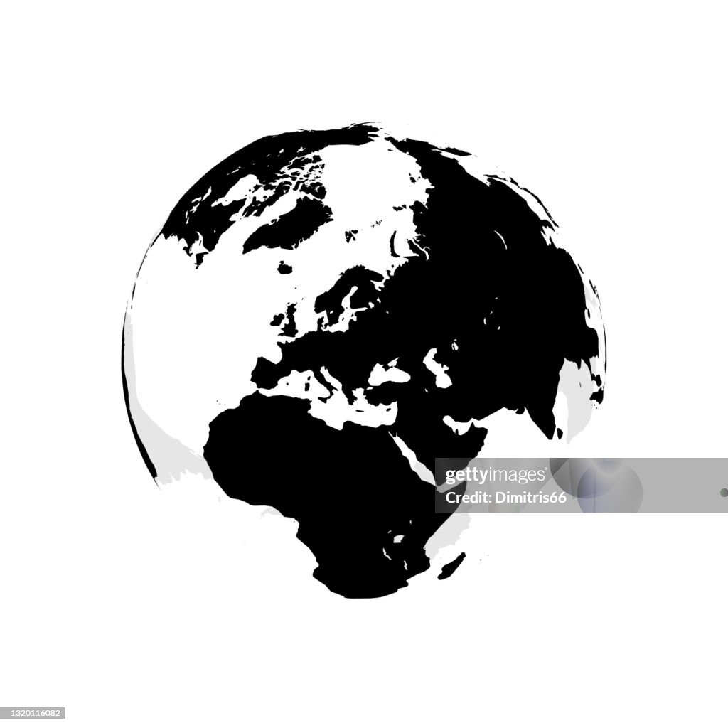 Globo terráqueo centrándose en el hemisferio norte y el meridiano primario. África, Asia, Europa, Polo Norte, Canadá, Groenlandia.