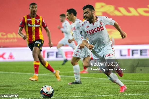 Kevin Volland of AS Monaco in action during the Ligue 1 match between RC Lens and AS Monaco at Stade Bollaert-Delelis on May 23, 2021 in Lens, France.