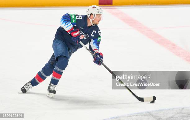 Justin Abdelkader of the United States in action during the 2021 IIHF Ice Hockey World Championship group stage game between United States and...