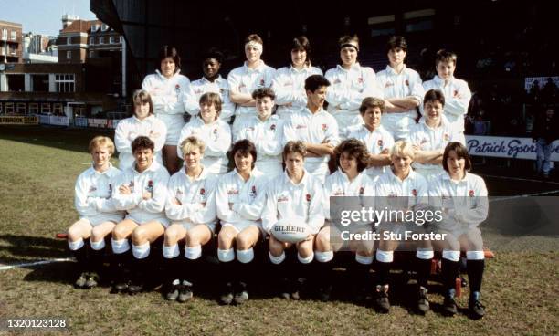 The England team pictured before the final of the inaugural Women's Rugby World Cup Final between the USA and England at Cardiff Arms Park on 14th...