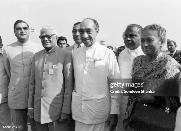 India's President R Venkataraman receives Sri Lankan President J R Jayewardene and his wife Elina at New Delhi airport on November 21, 1983.