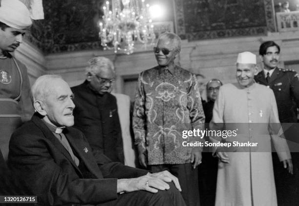 Archbishop Trevor Huddleston , known for anti-apartheid activism from South Africa at a ceremony in New Delhi, India to receive the Indira Gandhi...