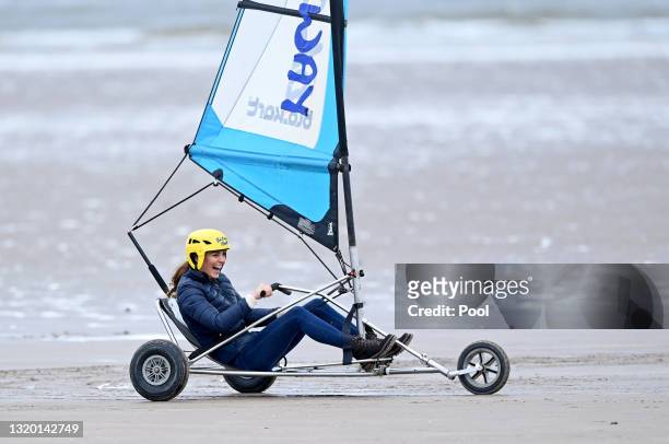 Catherine, Duchess of Cambridge takes part in a land yachting session on West Sands beach on May 26, 2021 in St Andrews, Scotland.