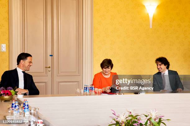 Mark Rutte of VVD, Lilianne Ploumen of PvdA and Jesse Klaver of GroenLinksare seen during a consultation with informateur Mariette Hamer in the...
