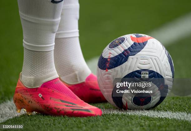 The boots of Son Heung-Min of Tottenham Hotspur with the official Nike Premier League match ball during the Premier League match between Leicester...