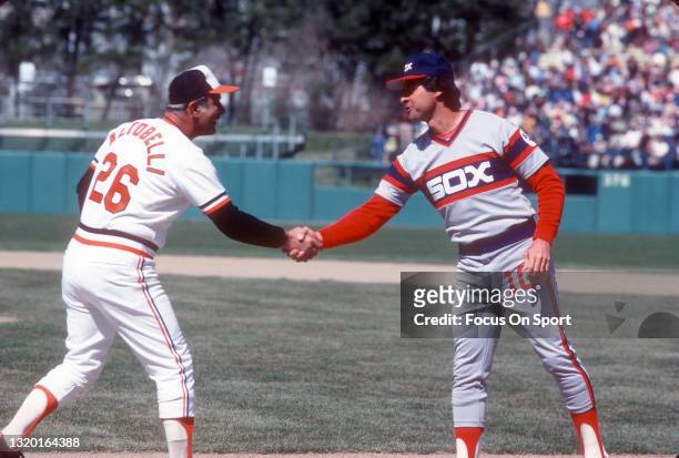 Manager Joe Altobelli of the Baltimore Orioles shakes hands with manager Tony La Russa of the Chicago White Sox prior to the start of an Major League...