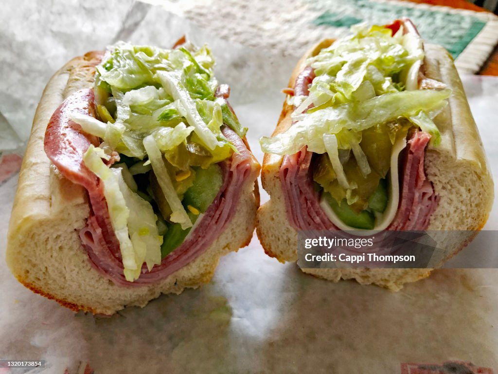 Ham and salami italian submarine sandwich with no tomatoes
