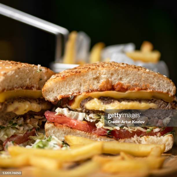 two halves of juicy tasty hamburger, close up shot. fries in blurred foreground. copy space at top of image. square format. soft focus - cheeseburger and fries stock-fotos und bilder