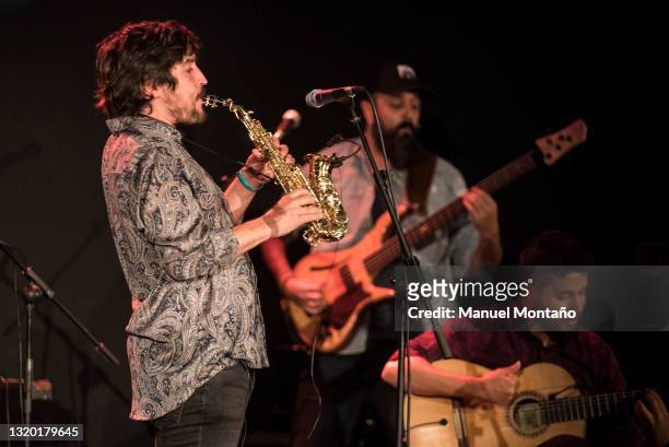 Spanish flamenco flute player and saxophonist Sergio de Lope performs on stage at Real Theatre on May 22, 2021 in Madrid. Sergio de Lope presents his...