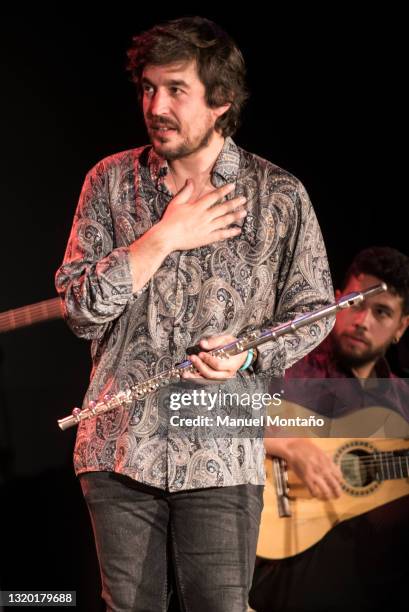 Spanish flamenco flute player and saxophonist Sergio de Lope performs on stage at Real Theatre on May 22, 2021 in Madrid. Sergio de Lope presents his...