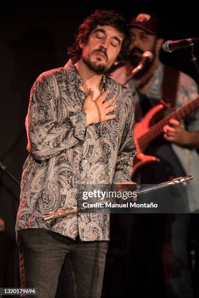 Spanish flamenco flute player and saxophonist Sergio de Lope performs on stage at Real Theatre on May 22, 2021 in Madrid. Sergio de Lope presents his...