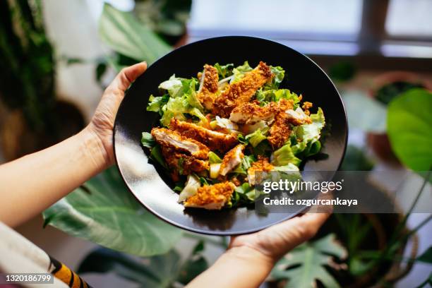 holding a bowl of chicken salad - portion imagens e fotografias de stock