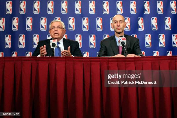Commissioner David Stern and NBA Deputy Commissioner Adam Silver speak at a press conference after NBA labor negotiations at the New York Helmsley...