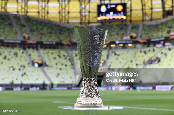 Detailed view of the UEFA Europa League Trophy inside of the stadium ahead of the UEFA Europa League Final between Villarreal CF and Manchester...