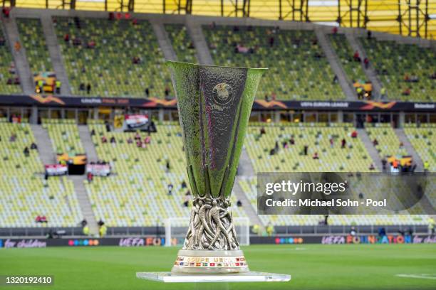 Detailed view of the UEFA Europa League Trophy inside of the stadium ahead of the UEFA Europa League Final between Villarreal CF and Manchester...