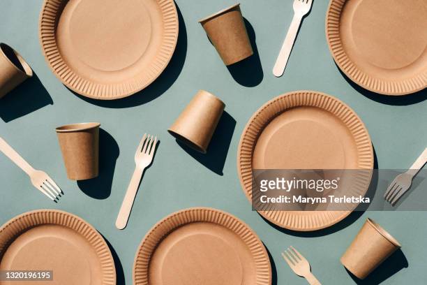 craft dishes on a green background. - empty plate foto e immagini stock