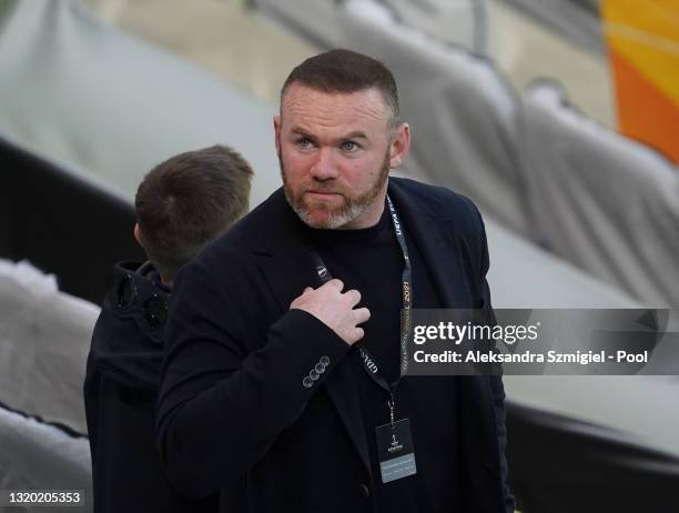 Former England International and Manchester United Footballer Wayne Rooney looks on ahead of the UEFA Europa League Final between Villarreal CF and...