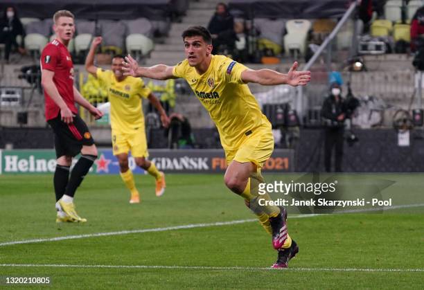 Gerard Moreno of Villarreal celebrates after scoring their team's first goal during the UEFA Europa League Final between Villarreal CF and Manchester...