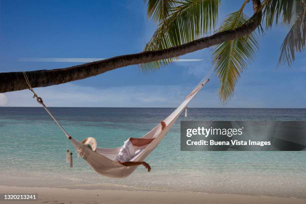 jet's white streak over woman lying on a hammock - jet lag stockfoto's en -beelden