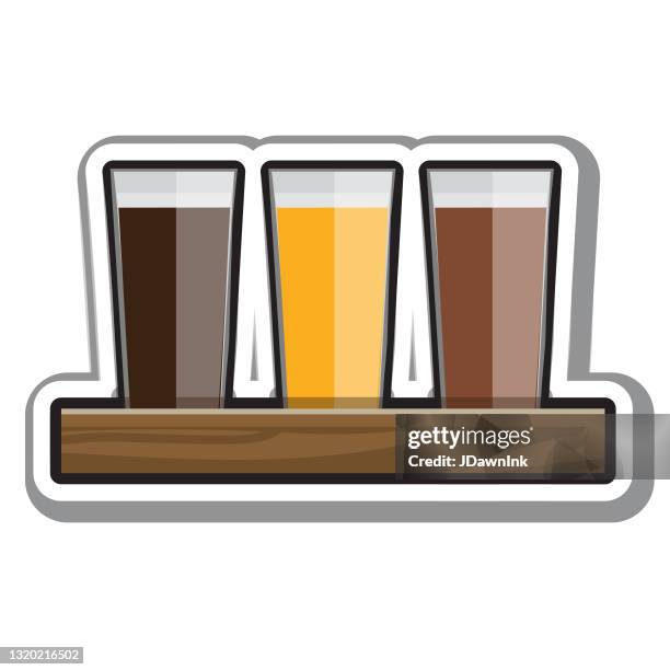 craft beer wooden rail assorted flavors flat design themed icon on white background - different beers stock illustrations