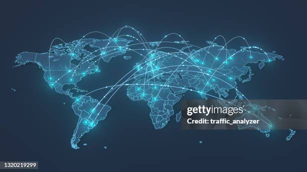 ilustraciones, imágenes clip art, dibujos animados e iconos de stock de conexiones de mapas mundiales - holographic-map