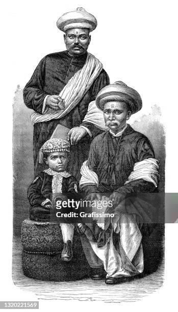 hindi family of traders in hindustan india 1889 - indian salesman stock illustrations