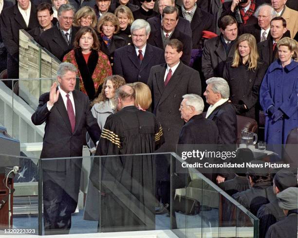 Elevated view of US President Bill Clinton as he is sworn-in for his second term in office, by Chief Justice of the US William H Rehnquist , at the...